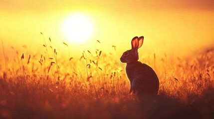 Wall Mural - A silhouette of a rabbit against a glowing sunset in a grassy field.