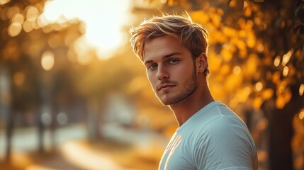 Sticker - A young man poses thoughtfully in a sunlit outdoor setting surrounded by autumn foliage.