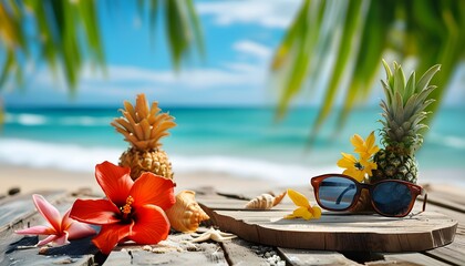 Tropical beach-themed summer product showcase on a wooden podium by the sea