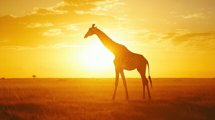 Poster - A silhouette of a giraffe against a vibrant sunset in a grassy landscape.