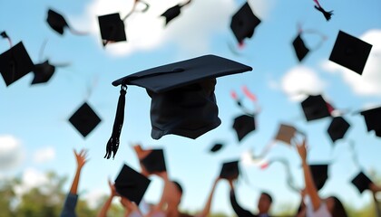 Joyful celebration of graduation with caps soaring high in the sky