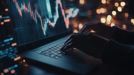 Poster - Hands typing on laptop with stock market data on the screen
