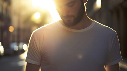 Sticker - A man in a white shirt stands in soft sunlight, reflecting a moment of contemplation.