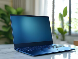 Poster - Modern laptop on marble table with blurred background and natural light.