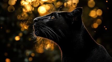 Wall Mural - A striking profile of a black panther against a warm, bokeh background.