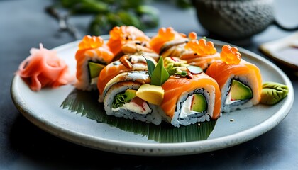 Wall Mural - Exquisite sushi roll elegantly presented with fresh salmon roe, creamy avocado, and accompanied by vibrant pickled ginger