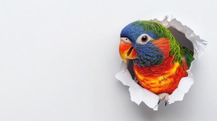 Canvas Print - A colorful parrot peeking through a torn paper hole.