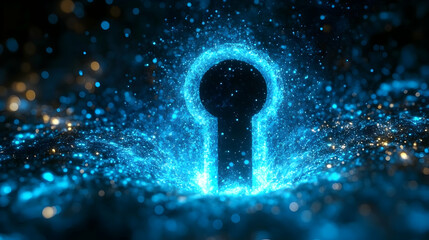 Poster - A glowing keyhole surrounded by shimmering blue particles on a dark background.
