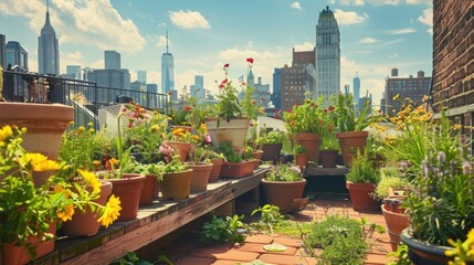 Sticker - Urban Oasis Rooftop Garden with Cityscape View