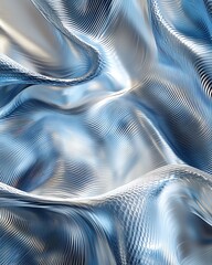 Poster - Abstract Metallic Wave Pattern with Smooth Flowing Textures in Silver and Blue, Featuring Fine Ripples and Brushed Metal Finish
