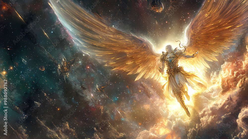 Divine warrior angel leading space armada. Galactic War. Illustration ...