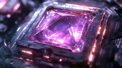 Poster - Close-up view of a vibrant purple crystal with intricate details and glowing edges on a dark background.