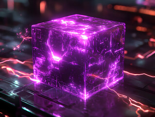 Poster - Futuristic glowing purple cube with electric sparks on a digital background.