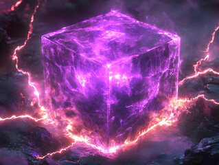 Poster - A glowing purple cube surrounded by electric energy on a dark background.