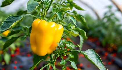 Wall Mural - Lush greenhouse filled with vibrant unripe yellow peppers thriving in a warm, nurturing environment