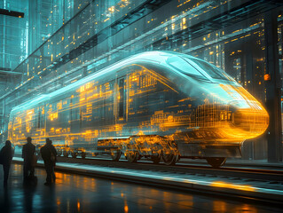 Poster - Futuristic train design glowing in a high-tech environment, showcasing modern transport technology.