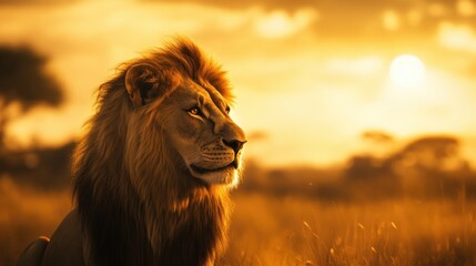 Poster - A majestic lion gazes at the sunset in a golden savanna landscape.