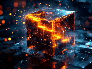 Poster - Illuminated digital cube with glowing edges and particles, showcasing innovation and technology.