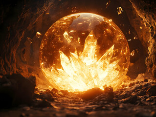 Poster - A glowing crystal orb surrounded by jagged rocks and sparkling light, creating a mystical ambiance.