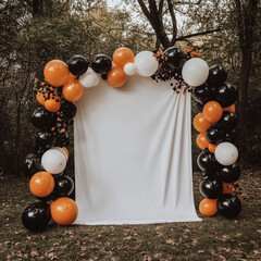 A festive balloon arch featuring black, orange, and white balloons creates vibrant backdrop for celebrations. Perfect for events like Halloween or autumn gatherings, it adds cheerful touch