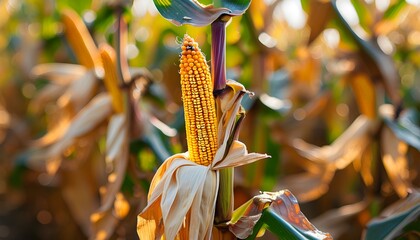 Close-up view of ripe yellow maize on the cob in a lush organic corn field with selective focus