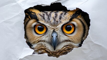 Wall Mural - An owl peering through a torn piece of paper, showcasing its striking eyes and feathers.