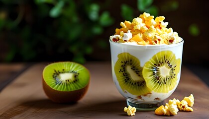 Delicious kiwi-flavored yogurt with vibrant fruit chunks and crunchy popcorn for an enticing treat