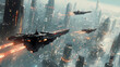 © Thiago - Epic spaceship battle over futuristic city. Galactic War. Illustration