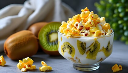 Delicious kiwi-flavored yogurt with vibrant fruit chunks and crunchy popcorn for an enticing treat