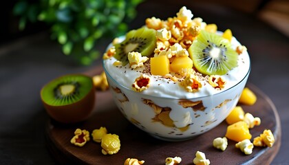 Delicious kiwi-flavored yogurt with vibrant fruit chunks and crunchy popcorn for an enticing treat