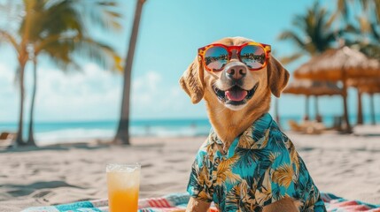 Wall Mural - A cheerful dog in sunglasses and a tropical shirt enjoys a beach day with a drink.