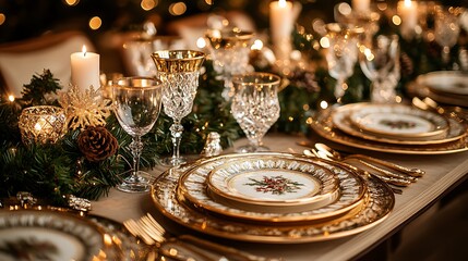 A lavish Christmas Eve dining table set with gold-trimmed plates, crystal glassware, and silver cutlery, featuring a gourmet meal with fine wine, surrounded by elegant holiday decorations of garlands,