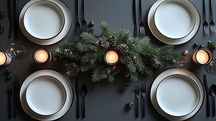 Wall Mural - A sleek modern minimalist Christmas Eve dinner table with monochrome décor, simple white plates, black cutlery, a greenery centerpiece of pine branches, and soft candlelight,