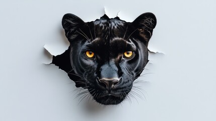 Wall Mural - A striking black panther's head emerging through a wall, showcasing its fierce gaze.