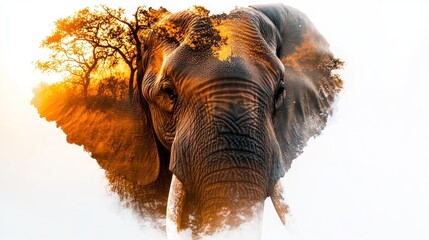 Wall Mural - A double exposure image of an elephant with a sunset landscape overlay.