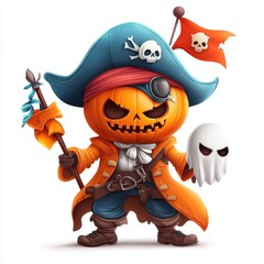 A spirited pumpkin pirate character, adorned with a hat, eyepatch, and wielding a ghostly accessory, embodies a whimsical Halloween theme.