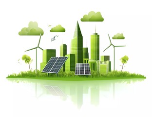 Green city, energy photograph vector icon of eco-friendly buildings with wind turbines and solar panels in the sky on a white background for the environment protection concept.