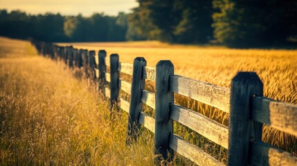 Wall Mural - A serene landscape featuring a wooden fence alongside a golden field at sunset.