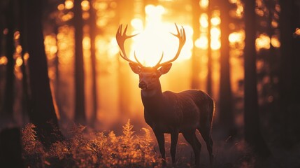 Wall Mural - A majestic deer stands in a forest at sunset, surrounded by warm golden light.