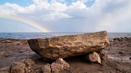 Wall Mural - Vibrant rainbow over rocky coastline