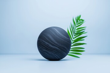 Poster - abstract black sphere with green palm leaf