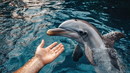 Wall Mural - A dolphin interacts playfully with a person's outstretched hand in clear water.