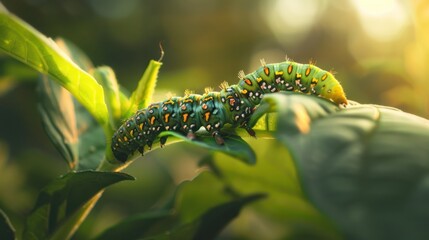 Canvas Print - Green Caterpillar on Leaf