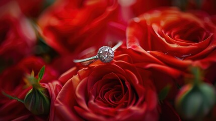 Wall Mural - diamond ring on red roses
