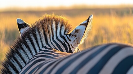 Wall Mural - Close-up of a zebra's back and ear in a golden grassland setting.