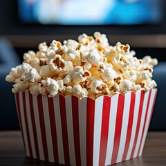 Canvas Print - Freshly popped popcorn in a striped red and white box