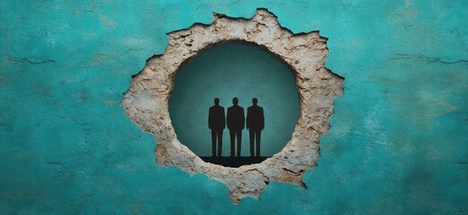 silhouettes of three people in a cracked wall