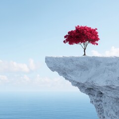 Canvas Print - Vibrant red tree on rocky cliff overlooking serene ocean