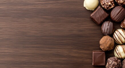 Wall Mural - Assortment of delicious chocolate candies on wooden background