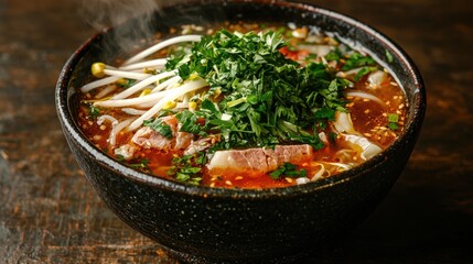 Spicy asian noodle soup with beef and vegetables